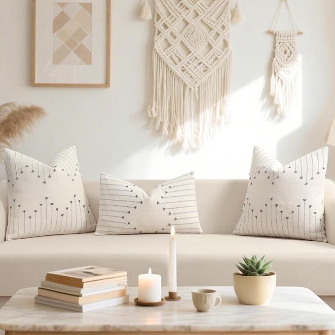 YCOLL Boho Throw Pillow Covers 12x20 Set of 2 Neutral Woven Decorative Pillowcases Cotton Tufted Couch Pillows Modern Farmhouse Accent Cushion Covers for Sofa Couch Bed Living Room Home Decor, Gray