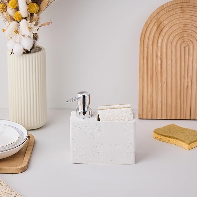 White Travertine Soap Dispenser with Sponge & Brush Holder – Hand & Dish Resin Soap Pump Bottle for Kitchen & Bathroom, 2-in-1 Countertop Organizer, with 2 Natural Sponges (Luxury Home Decor)