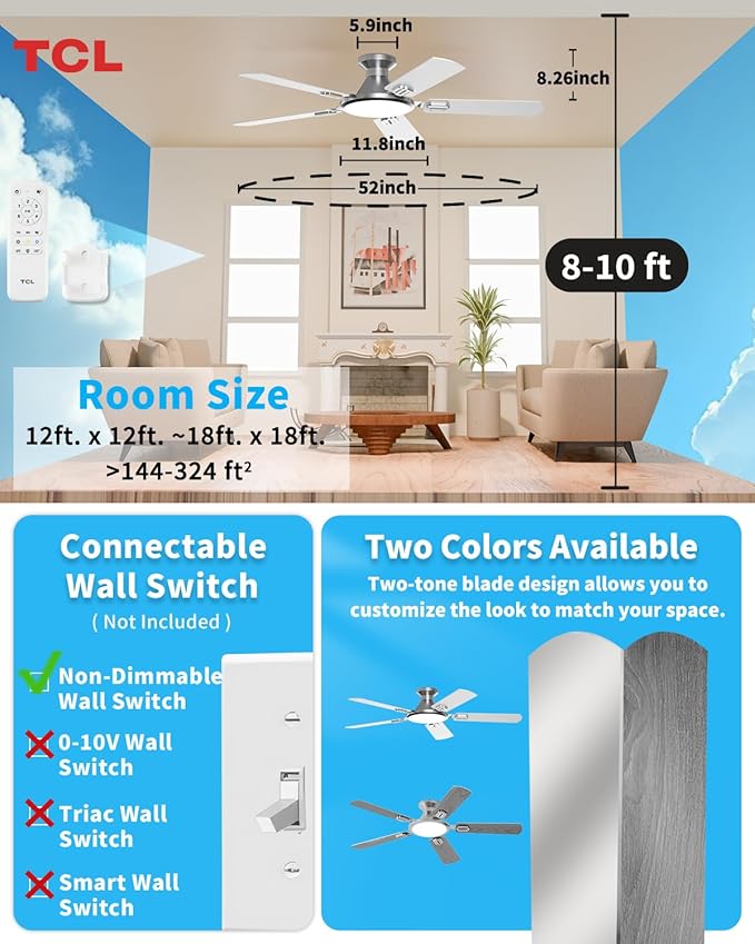 TCL 52" Low Profile Ceiling Fan with Light, Slim, Silver, Flush Mount, DC Reversible Motor, 6 Speeds, Remote Control, Noiseless, Dimmable, LED Light, 3CCT, Modern Ceiling Fan for Bedroom Living Room