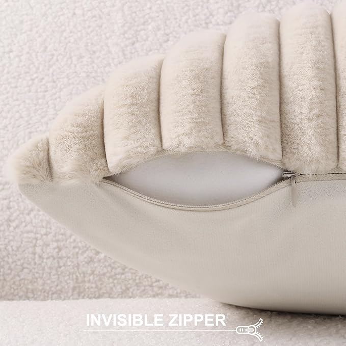 Pallene Faux Fur Plush Throw Pillow Covers 20x20 Set of 2, Luxury Soft Fluffy Striped Decorative Pillow Covers for Sofa, Couch, Living Room, Apricot