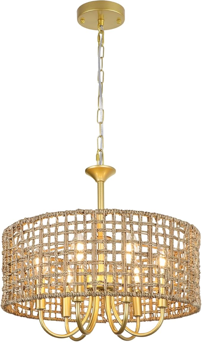 LynPon 17.7" Gold Rattan Chandelier Light Fixture, 6 Lights Boho Rattan Light Fixture with Hand Woven Wicker Shade, Farmhouse Vintage Chandelier for Dining Room Living Room Kitchen Bedroom Entryway