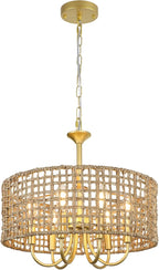 LynPon 17.7" Gold Rattan Chandelier Light Fixture, 6 Lights Boho Rattan Light Fixture with Hand Woven Wicker Shade, Farmhouse Vintage Chandelier for Dining Room Living Room Kitchen Bedroom Entryway