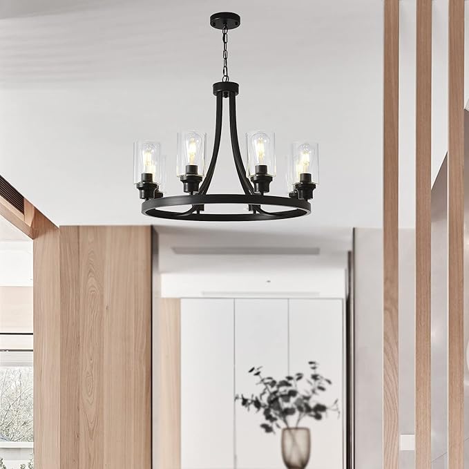 Black Chandelier 8 Lights, Kitchen Island Lighting Industrial Chandelier with Clear Glass Shade, Farmhouse Pendant Light for Dining Room Living Room Bedroom