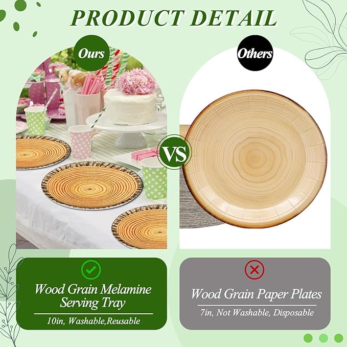 3Pcs Wood Grain Serving Tray Round Melamine Platter 10 Inch Dessert Plates for Camp-Fire Party Camping Woodland Animal Baby Shower Birthday Party Supplies