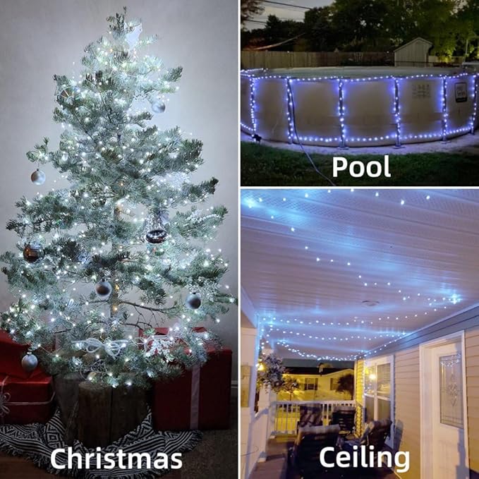 QITONG 4 Pack White Solar Fairy Lights, Each 33ft 100 LED String Light Outdoor Waterproof, 8 Modes Silver Wire Christmas Twinkle Lights
