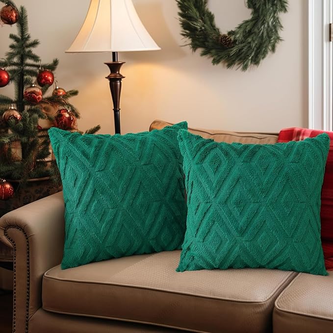 Pallene Christmas Green Throw Pillow Covers 18x18 Set of 2, Soft Plush Faux Fur Decorative Couch Pillow Covers for Sofa Bed Living Room Pillow Cases with 3D Diamond Pattern