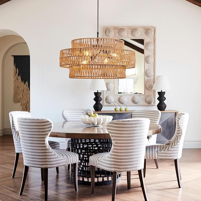 3-Tier Large Rattan Chandeliers, 22.8in Boho Coastal Pendant Lights, Wicker Hanging Ceiling Lights Hemp Rope Lighting Fixture, for Dining Room, Kitchen Island, Living Room