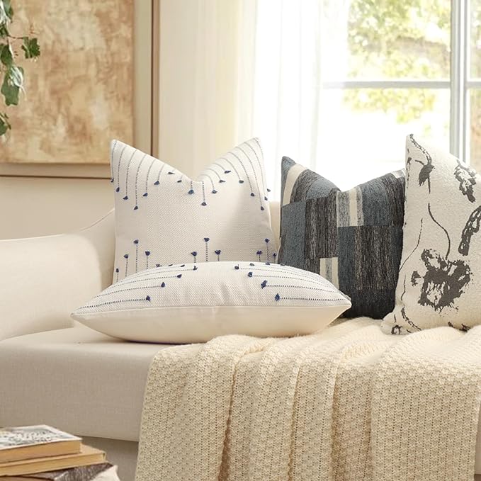 Boho Throw Pillow Covers 22x22 Set of 2 Neutral Woven Decorative Pillowcases Cotton Tufted Couch Pillows Modern Farmhouse Accent Cushion Covers for Sofa Couch Bed Living Room Home Decor, Navy Blue