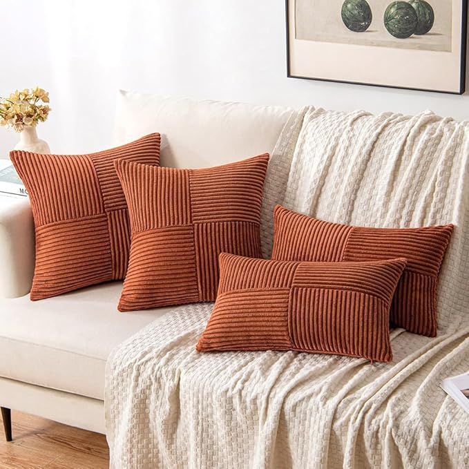 MIULEE Dark Rust Corduroy Pillow Covers Pack of 2 Boho Fall Decorative Spliced Throw Pillows Soft Cross Patchwork Textured Pillowcases Home Decor for Living Room Bed Sofa 14x24 inch