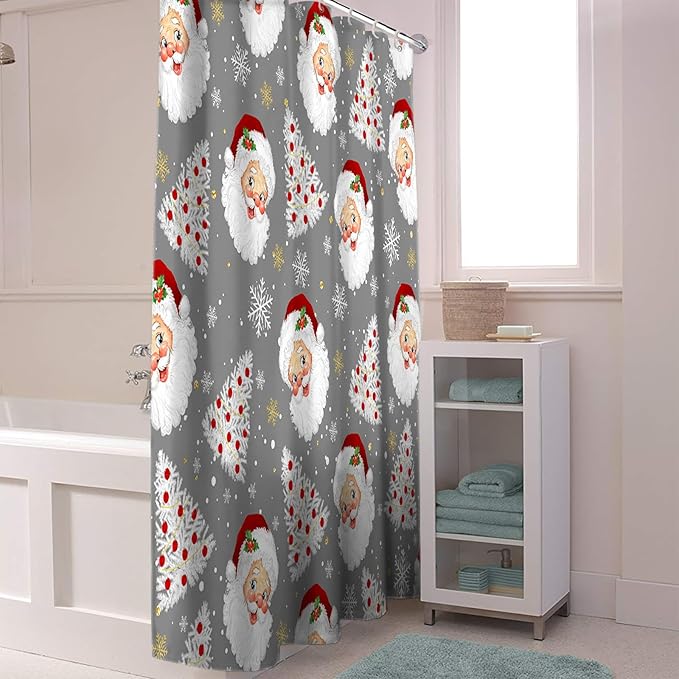 Grey Christmas Shower Curtain, Santa Claus Merry Christmas Tree Shower Curtains Set with Hooks, Winter Snowflake Waterproof Fabric Bathroom Curtains Decor Home Accessories, Stall Long 54 X 78 Inch