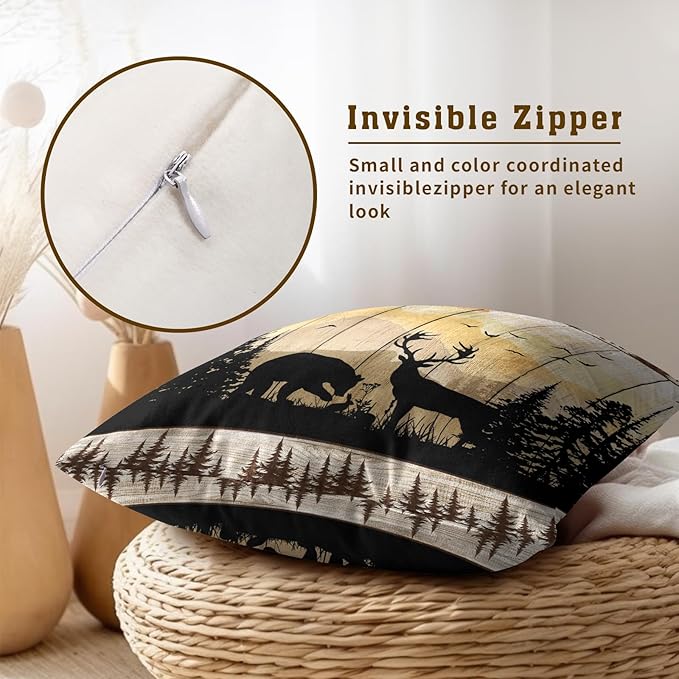 Moutain Bear Deer Pillow Cover Set of 2, 16x16 Inch Rustic Cabin Wood Planks Decorative Throw Pillowcases Cushion Covers for Couch Sofa Outdoor Patio Lodge