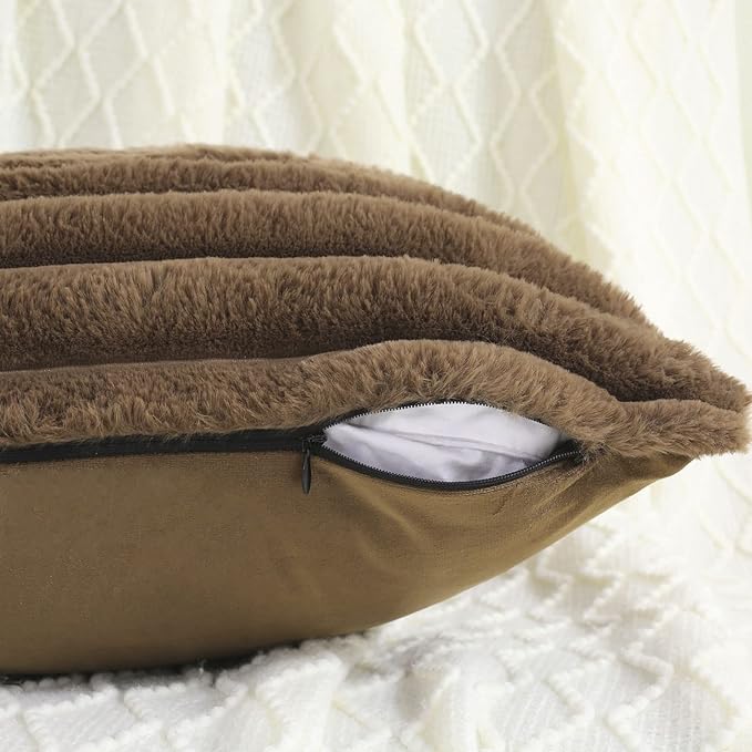 FUTEI Tan Striped Decorative Throw Pillow Covers 12x20 Inch Set of 2,Rectangle Winter Decorations Couch Lumbar Pillowcase,Soft Cozy Faux Rabbit Fur & Velvet Back,Modern Home Decor for Bed