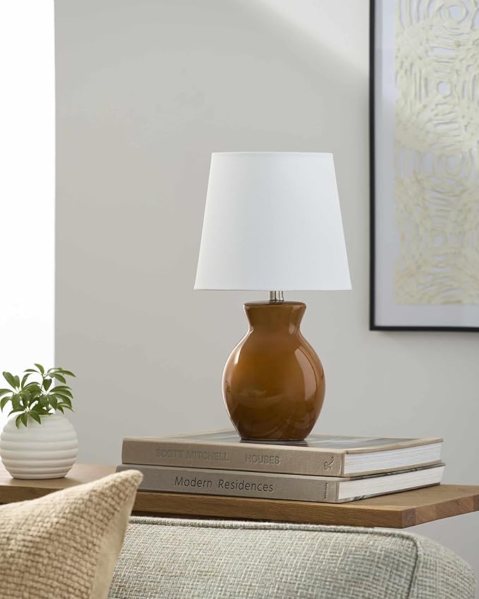 BoutiqueRugs Liliac Boho Ceramic Bedside Table Lamp for Bedroom Nightstand - End Side Lighting for Living Room - Shade Cotton - White, Brown - 15" H