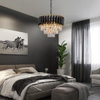 3-Tier Black Gold Crystal Chandelier 5-Light 15’’ Modern Crystal Pendant Chandelier Ceiling Light Fixture Hanging Lighting for Kitchen Island Dining Room Foyer Entryway Bedroom