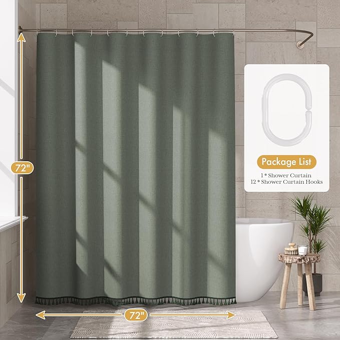 AmazerBath Boho Shower Curtains for Bathroom, Farmhouse Shower Curtain with Tassels, Sage Green Shower Curtain Set, Faux Linen Fabric Shower Curtain with 12 Hooks, Hotel Quality, 72x72 Inches
