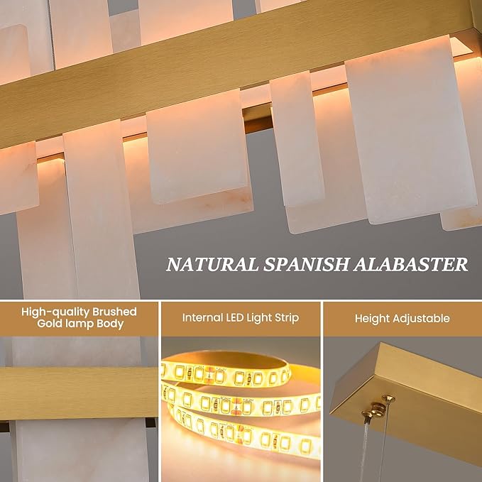 Alabaster Rectangle Chandelier, 48" Natural Spanish Marble Stone Texture Dimmable Alabaster Chandelier for Kitchen Island, Modern Luxury Lighting High Ceiling Light for Dining Room over Table