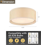WINGBO 15.7" Modern 3-Light Flush Mount Ceiling Light Fixture with Rattan & Fabric Double Drum Shade for Bedroom Living Room Dining Room Hallway Entryway, Khaki