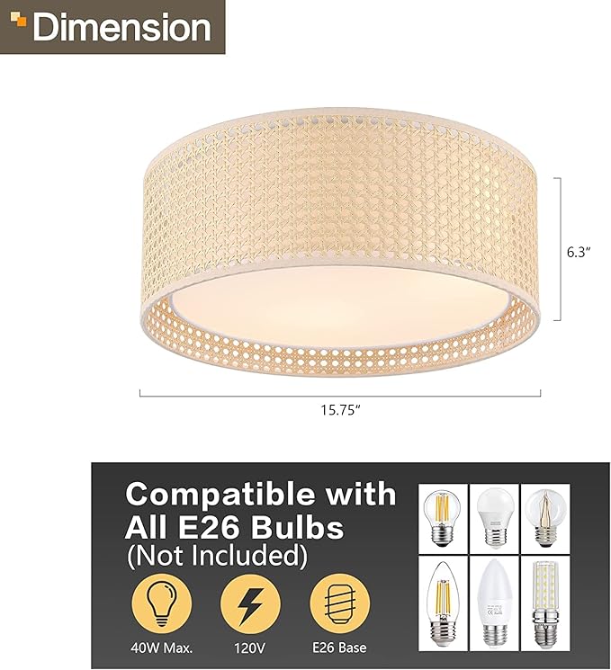 WINGBO 15.7" Modern 3-Light Flush Mount Ceiling Light Fixture with Rattan & Fabric Double Drum Shade for Bedroom Living Room Dining Room Hallway Entryway, Khaki