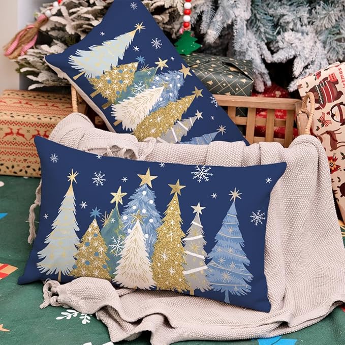 AACORS Christmas Pillow Covers 12X20 Set of 2,Watercolor Christmas Tree Stars Decoration Holiday Farmhouse Winter Pillow Case for Sofa Couch Decor（Blue） AA608-12-2