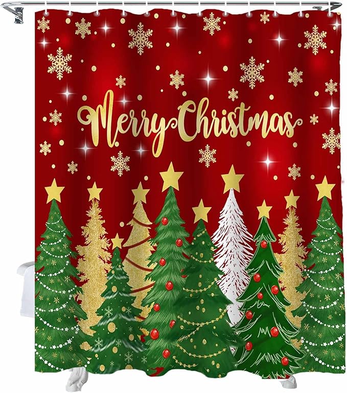 Vandarllin Christmas Shower Curtain, Merry Christmas Shower Curtains Set with Hooks, Gold Star Xmas Tree Snowflakes Waterproof Bathroom Curtains Xmas Holiday Decor Home Accessories,60 X 72 Inch Long