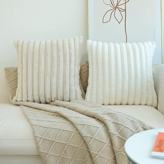 JOJUSIS Pack of 2 Faux Fur Plush Decorative Throw Pillow Covers Couch Cushion Case Soft Pillowcases (White, 20 x 20-Inch)
