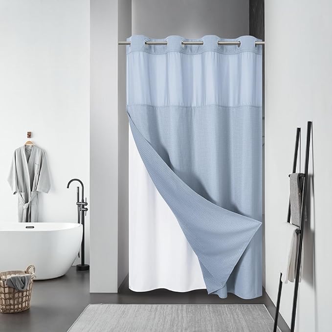 ForstBlue No Hook Waffle Weave Shower Curtain with snap-in Liner Replacement, 230GSM Waterproof Fabric Hotel Shower Curtain Set for Bathroom, Through Mesh Top Window,54Wx80H