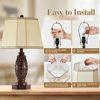 Bedside Lamps Set of 2-23.5" Vintage Table Lamp with USB A+C and Nightlight - Brown Carved Resin Farmhouse Desk Lamp for Bedrooms, End Tables, Living Room, Bulbs Included