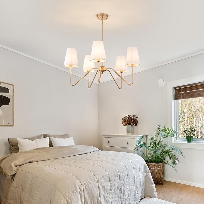 Brass Gold Chandeliers for Dining Room, 5-Light Modern Pendant Light Fixture Over Table with White Shade Farmhouse Lighting Fixtures for Living Room Bedroom Hallway Height Adjustable