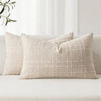 MIULEE Decorative Linen Check Lumar Throw Pillow Covers Neutral Farmhouse Vintage Christmas Pillow Covers 12x20 Set of 2 Boho Modern Home Decor for Sofa Couch Bedroom Cushion Natural Beige
