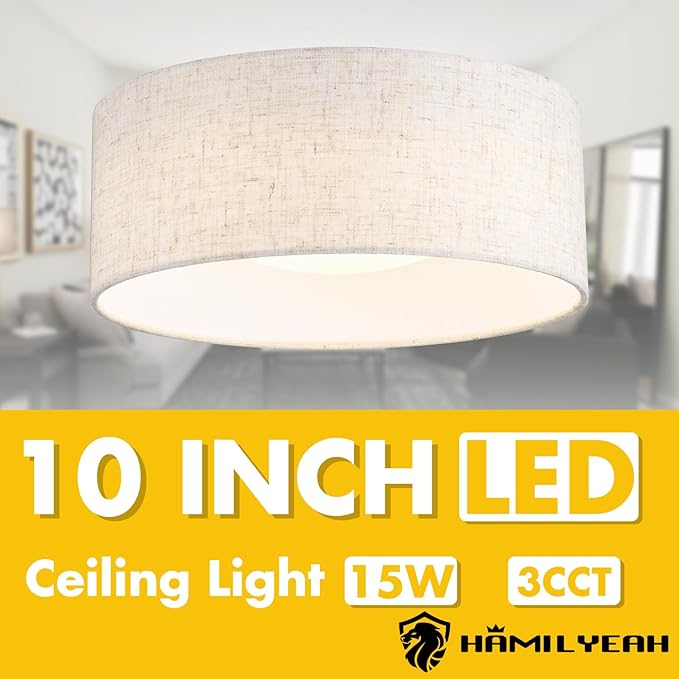 Hamilyeah Flush Mount Ceiling Light Fixture 10 inch, 15W LED Ceiling Light with Fabric Shade, Modern Hallway Lighting Fixtures Ceiling Mount, Drum Bedroom Lights for Ceiling 3CCT