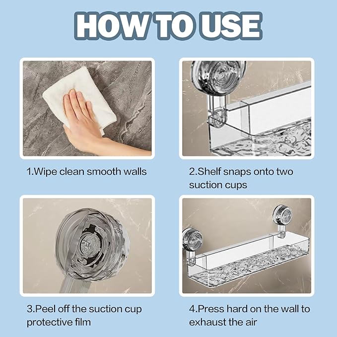 Bathroom Corrugated Suction Cup Storage Holder, Illuminate Suction Cup Shelves, No-Drill Wall Mounted Suction Cup Bathroom Storage Rack Shelf for Shower Kitchen