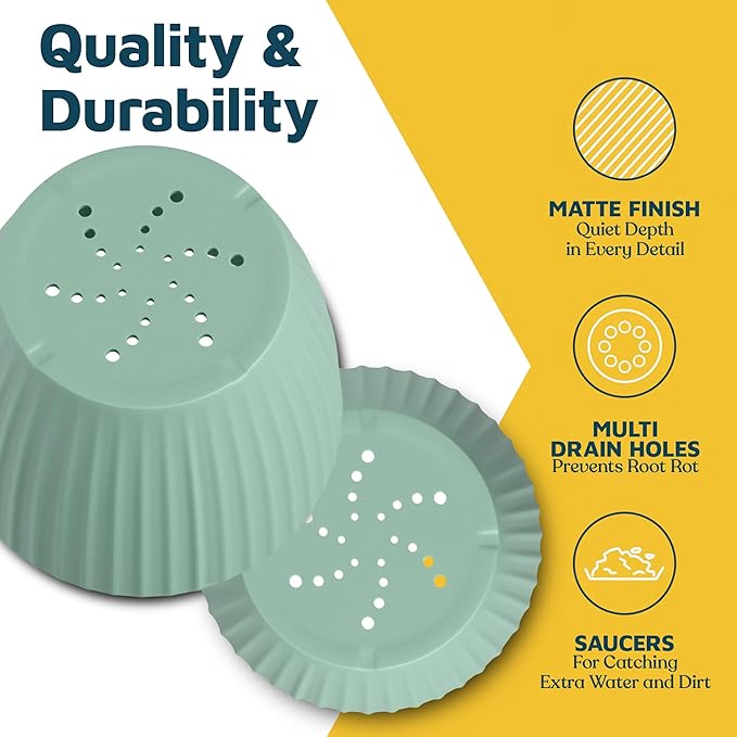 Mint 6-Inch Plant Pots with Drainage & Saucers 3 Pack, Indoor & Outdoor Planters for Houseplants, Herbs, and Flowers, Durable & Weatherproof Material, Stackable, Lightweight, Minimalist Design
