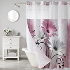 Muuyi Pink Watercolor Floral Shower Curtain,No Hook Shower Curtain,Polyester Shower Curtains with Snap in Fabric,Sheer Top Window for Bathroom Decor,Waterproof & Washable,72W x 75L Inch