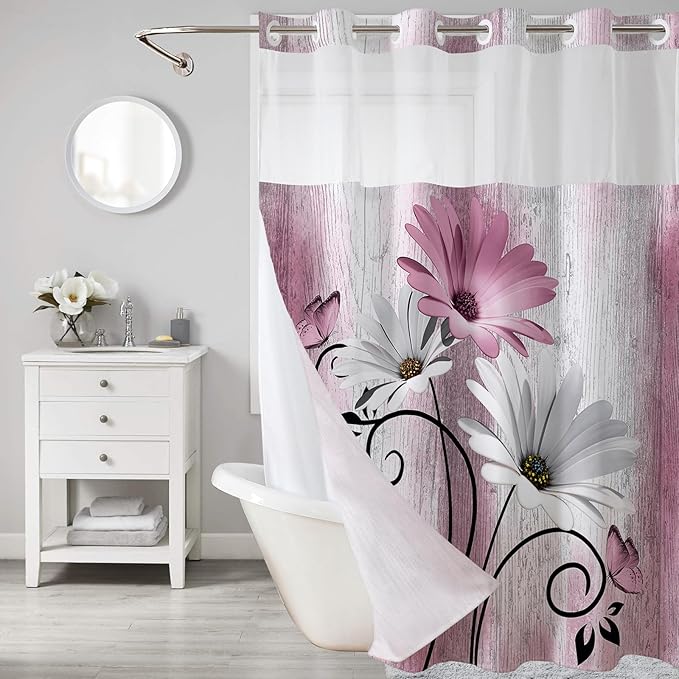 Muuyi Pink Watercolor Floral Shower Curtain,No Hook Shower Curtain,Polyester Shower Curtains with Snap in Fabric,Sheer Top Window for Bathroom Decor,Waterproof & Washable,72W x 75L Inch