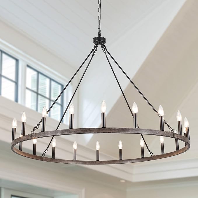 Wagon Wheel Chandelier 20-Light 48" Round Rustic Farmhouse Chandelier Light Fixture for High Ceiling Foyer Hallway Living Room Dining Room Kitchen Island