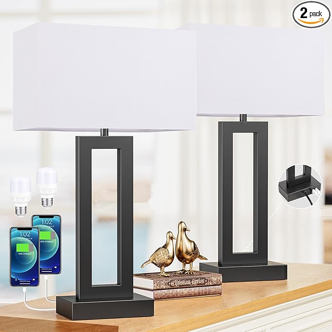22" Tall Modern Living Room Lamps - Touch Bedside Lamps with USB C+A, 3 Way Dimmable for Bedroom End Tables Set of 2 (White & Black)
