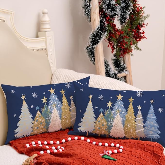 AACORS Christmas Pillow Covers 12X20 Set of 2,Watercolor Christmas Tree Stars Decoration Holiday Farmhouse Winter Pillow Case for Sofa Couch Decor（Blue） AA608-12-2