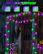 LORRYTE 2-Pack 100 LED Purple and Green Halloween Lights Outdoor - 64FT Crystal Globe Waterproof Solar String Lights with 8 Lighting Modes for Halloween Decorations, Garden, Patio, Party, Porch