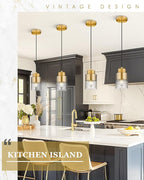 2-Pack Pendant Lights Kitchen Island, Brushed Gold Dual Shade Hanging Lights Fixtures with Metal and Clear Glass, Brass Kitchen Pendant Lighting Over Island for Dining Room, AD-24022-1P2-GD