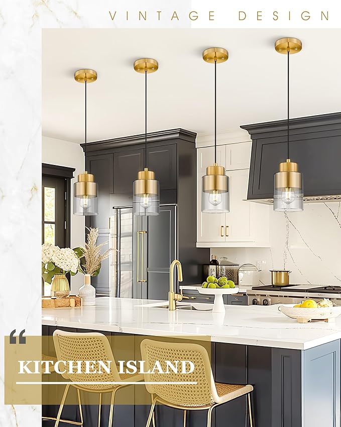 2-Pack Pendant Lights Kitchen Island, Brushed Gold Dual Shade Hanging Lights Fixtures with Metal and Clear Glass, Brass Kitchen Pendant Lighting Over Island for Dining Room, AD-24022-1P2-GD