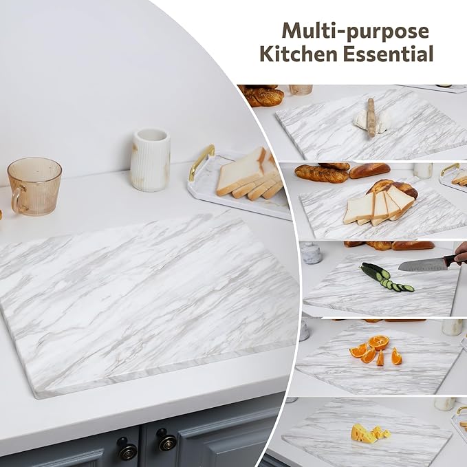 Natural Marble Cutting Board For Kitchen, 16 x 20 Inch Marble Slab Pastry Board With Non-Slip Feet For Baking, Cheese, Charcuterie, Chocolate, White Gray Net Veins