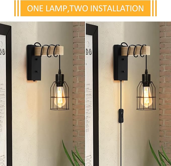 Wall Sconces Set of 2, Wall Lamp with Plug in Cord with Metal Cage Lampshade, Wall Lights with Solid Wood for Bedroom Living Room Garage Porch