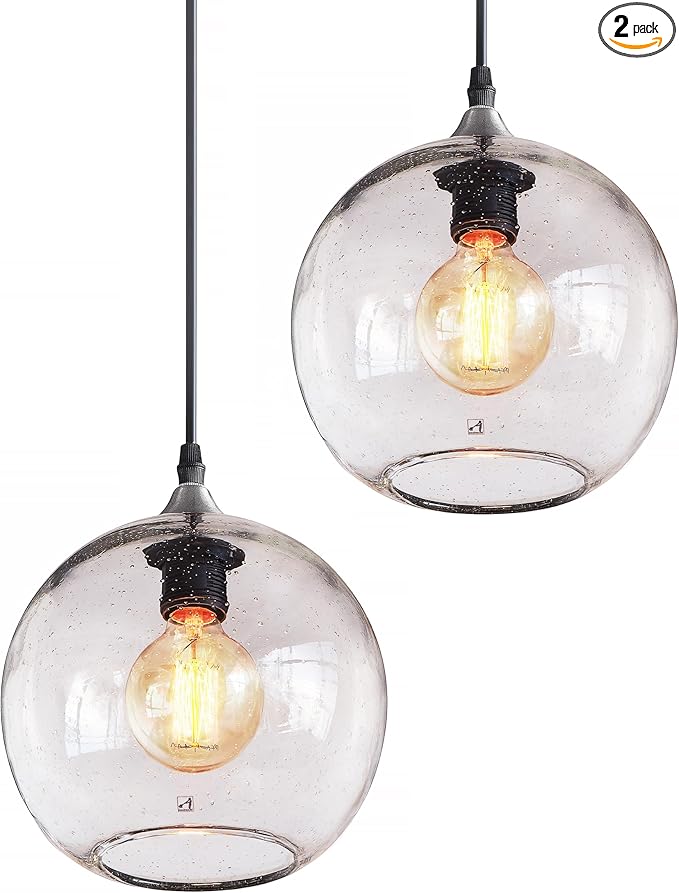 ARIAMOTION Pendant Lighting Kitchen Island Modern Rustic Glass Hanging Lights Globe Clear Seeded Bubble Light Fixtures Dining Room Table Bedroom Bathroom Office Brushed Nickel 8.7 Inch Diam 2 Pack