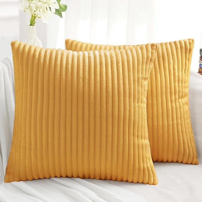Simmore Decorative Fall Throw Pillow Covers 24x24 Set of 2, Soft Natural Plush Flannel Double-Sided Fluffy Couch Pillow Covers for Sofa Living Room, Mustard Yellow