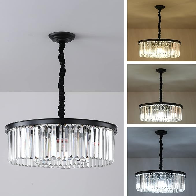 Black Modern Crystal Chandelier, 2-Tier Round Flush Mount Ceiling Light Fixtures Height Adjustable Pendant Lighting for Dining Room Living Room Bedroom Kitchen Hotel Foyer