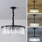 Black Modern Crystal Chandelier, 2-Tier Round Flush Mount Ceiling Light Fixtures Height Adjustable Pendant Lighting for Dining Room Living Room Bedroom Kitchen Hotel Foyer