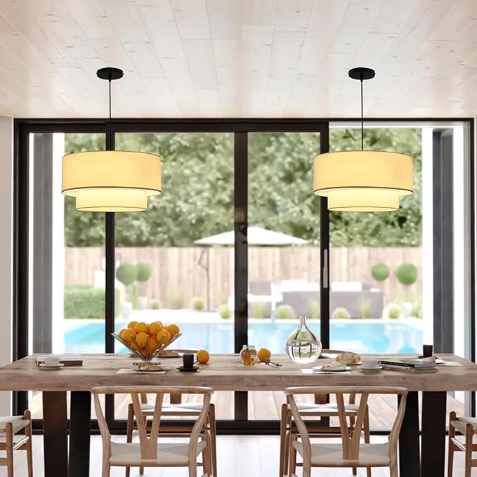 18" Drum Pendant Light Fixture, 3 Light Drum Chandelier with Wihte Fabric Lampshade, 2 Tier Dining Room Light Fixtures over Table, Ceiling Drum Chandeliers for Dining Room, Bedroom and Living Room