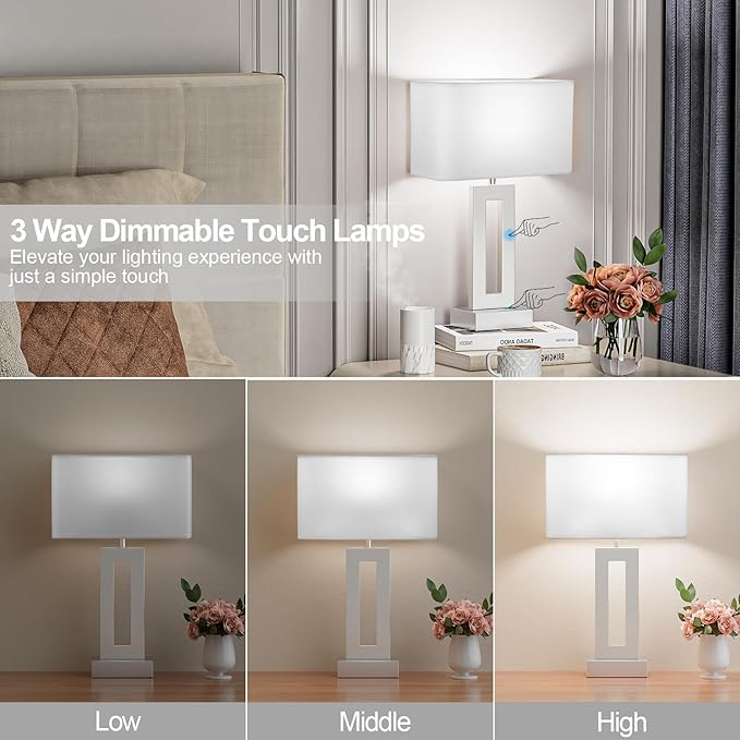 Bedroom Table Lamps Set of 2 - White Silver Touch Bedside Lamps with USB C+A, 3 Way Dimmable Gold Lamp for Nightstand, Modern Night Stands Lamps for Living Room End Tables