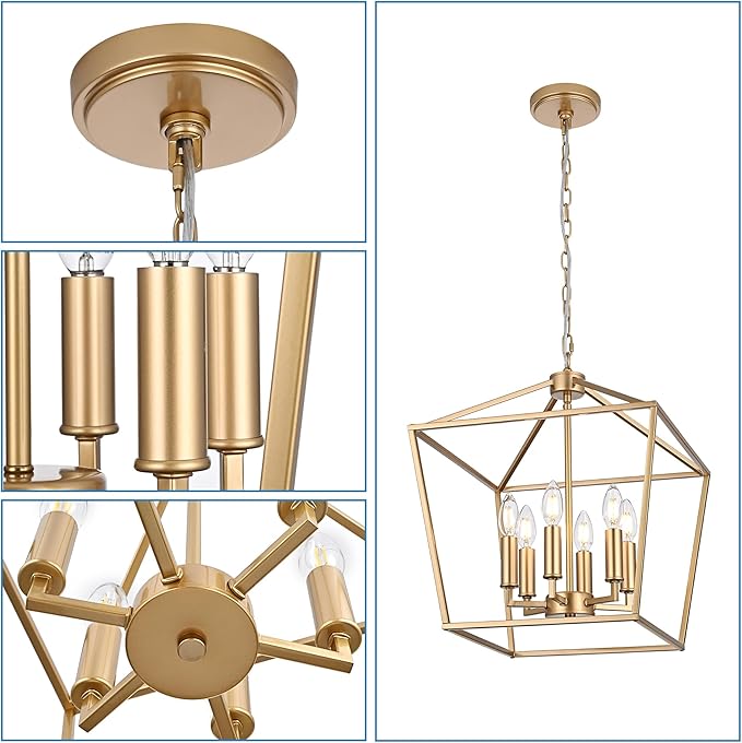 MELUCEE 16-inch Wide Farmhouse Chandelier Gold, 6-Light Vintage Openwork Cage Pendant Lighting Lantern Hanging Ceiling Light, Ideal for Kitchen Island Dining Areas Foyer, E12 Base