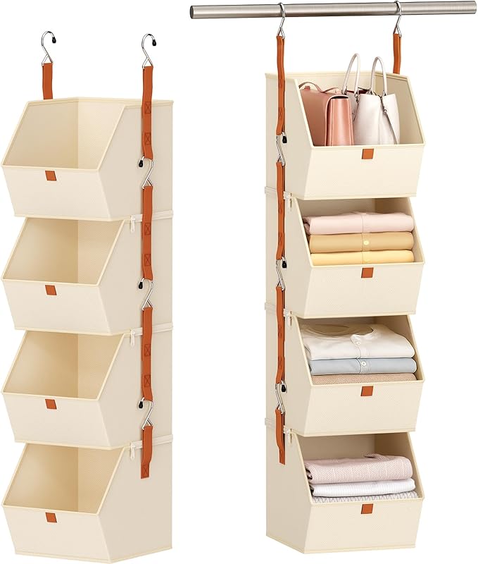 Hanging Closet Organizer 4 Tier - Clothes Hanging Shelves, Space-Saving Closet System, Fabric Storage Bins Bedroom Organization, Collapsible Baskets for Home, Dorm, Rv, Beige